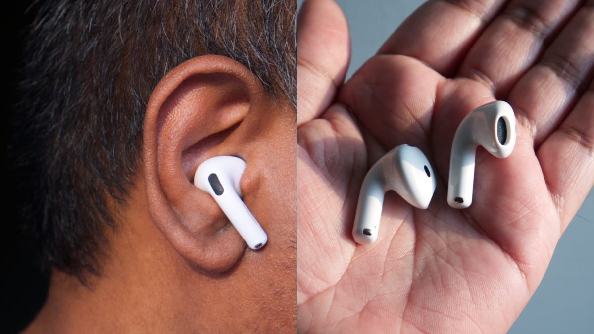 Посадка AirPods 5 в ухе и настоящие наушники на ладони